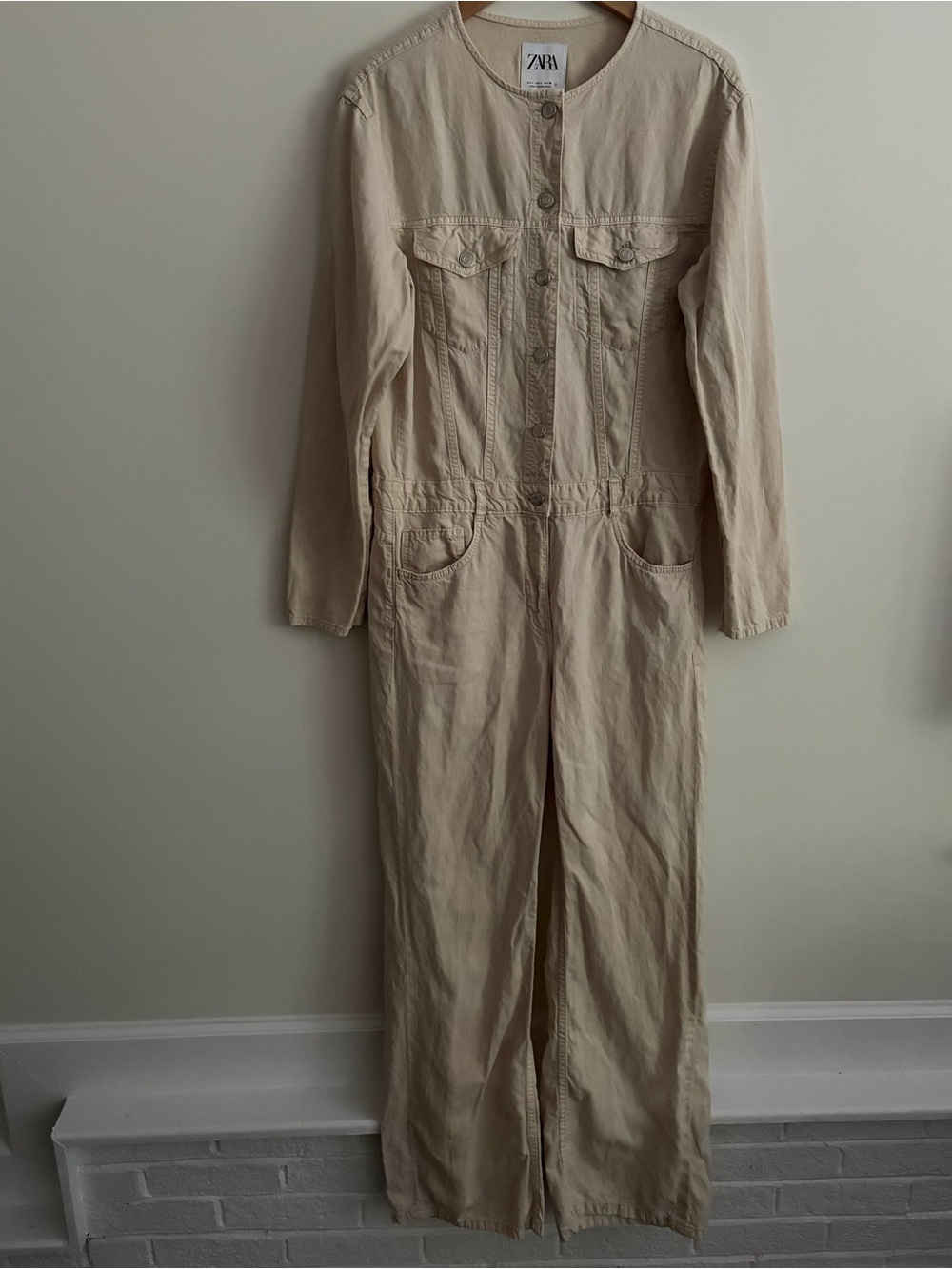 Zara Linen Blend Jumpsuit in Cream Sand Lightweight Casual Grunge Size L